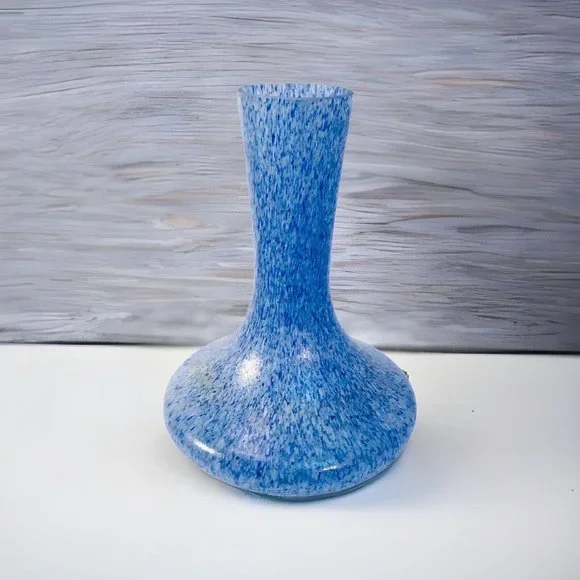 MCM Blue White Splatter Texture Tapered Art Glass Vase 9.5” Vintage - Picture 2 of 13